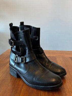 Italian Black Leather Moto Boots - Size 37 (6.5-7 US)